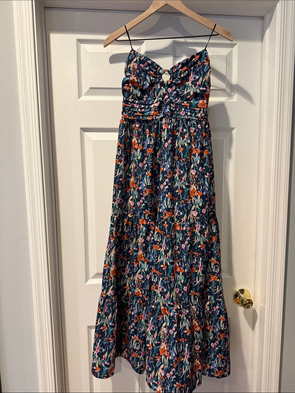 LUSH Floral/tropic strapless Maxi Dress - Navy with Orange & Pink Flowers